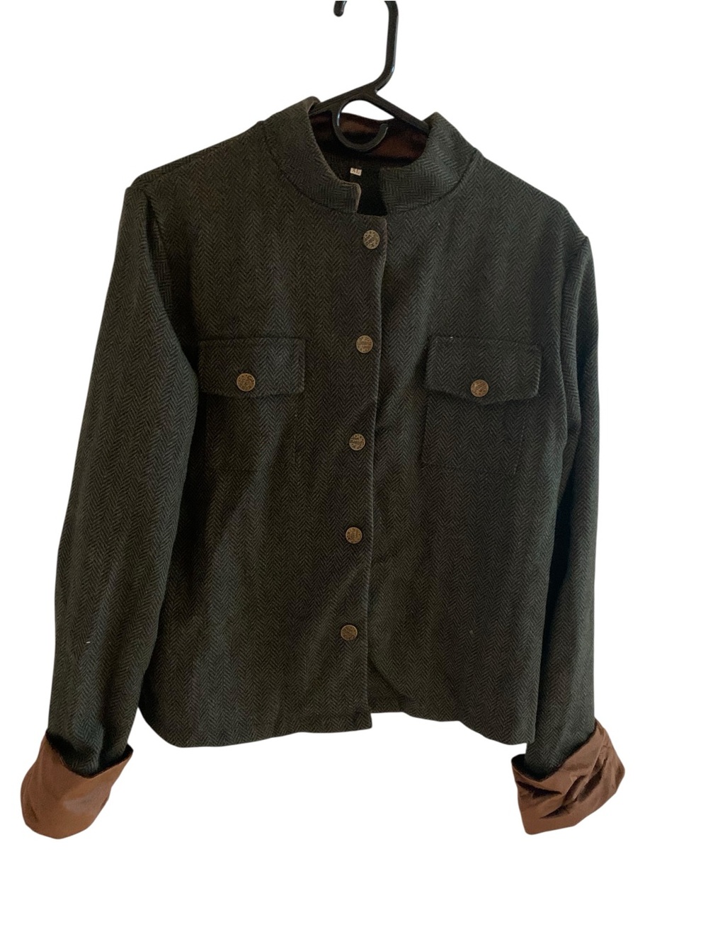 Womens Olive Herringbone Button-Front Jacket